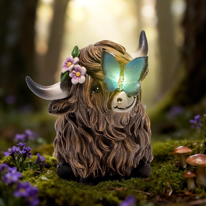 basen Solar Powered Highland Cow Statue for Garden, Resin Outdoor Decor with Illuminated Butterfly, Waterproof Lawn Yard Ornament with Auto On Off Light for Patio Backyard