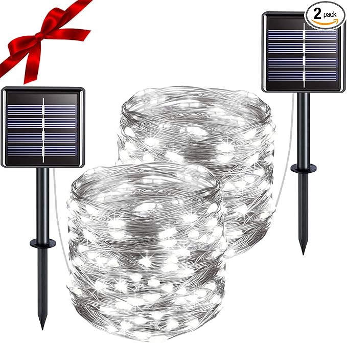 suddus Solar Fairy Lights Outdoor Waterproof, 2 Pack 33ft 100 LED Solar Twinkle Lights, 8 Modes White Solar Christmas Lights for Backyard Trees Patio Deck Garden Birthday Party Wedding Decorations