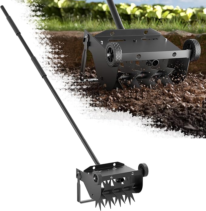 Rotary Cultivator Tool, 2-in-1 Garden Weeder and Crumbler Soil Hand Tiller for Gardening, Hand Garden Tiller with 66.5 Inch Adjustable Foam Handle