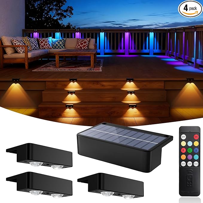 Solar Fence Lights Outdoor with Remote 4 Pack, Warm/Cool White & RGB 12 Modes, Deck Lights Solar Powered Waterproof, Backyard Lights for Step Stairs Railing Balcony Patio Decor