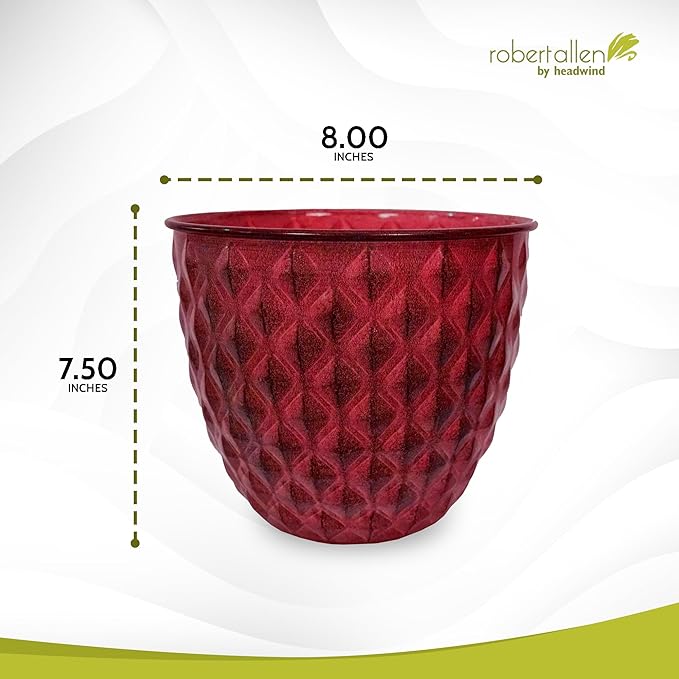 Headwind Glazed Ironstone Diamonte Collection – Crimson Red 8-Inch Decorative Plant Pot, Indoor & Outdoor, Vintage Diamond-Textured, Lightweight & Weather-Resistant for Garden Use by Robert Allen