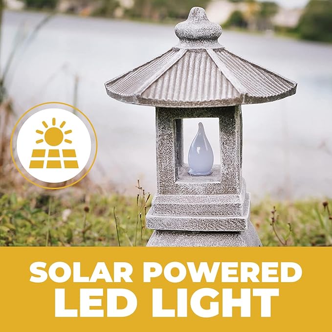VP Home Pagoda Garden Statue, Solar Powered Statue Japanese Garden Decor, Outdoor Zen Garden Lantern, Flickering LED Garden Light (Tranquil Pagoda)
