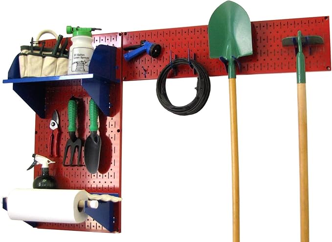 Wall Control Pegboard Garden Supplies Storage and Organization Garden Tool Organizer Kit with Red Pegboard and Blue Accessories