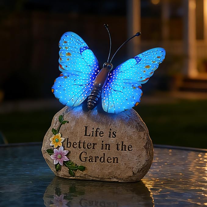 Solar LED Butterfly Garden Statue with Sparkling Light-Up Wings - Outdoor Yard Patio Decor Figurine, for Women Mom Grandma (Blue)