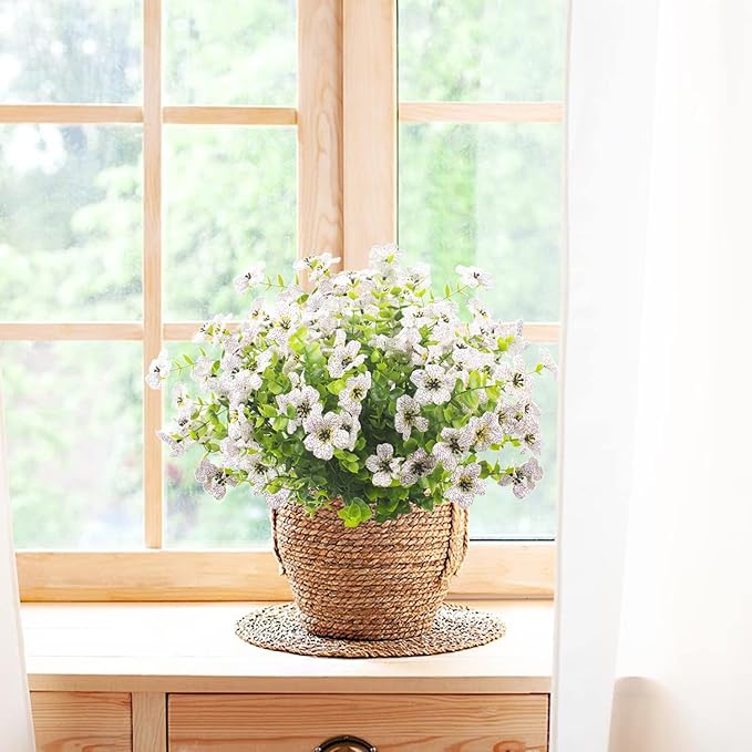 10 Bundles Artificial Flowers Outdoor UV Resistant Fake Flowers No Fade Faux Plants Garden Porch Window Box Decorating (White)