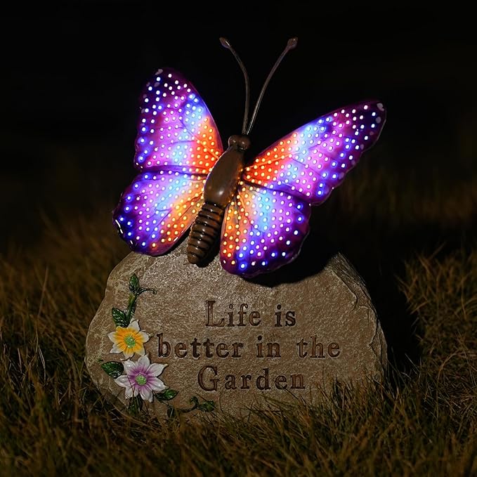 Solar LED Butterfly Garden Statue with Sparkling Light-Up Wings - Outdoor Yard Patio Decor Figurine, for Women Mom Grandma(Purple)