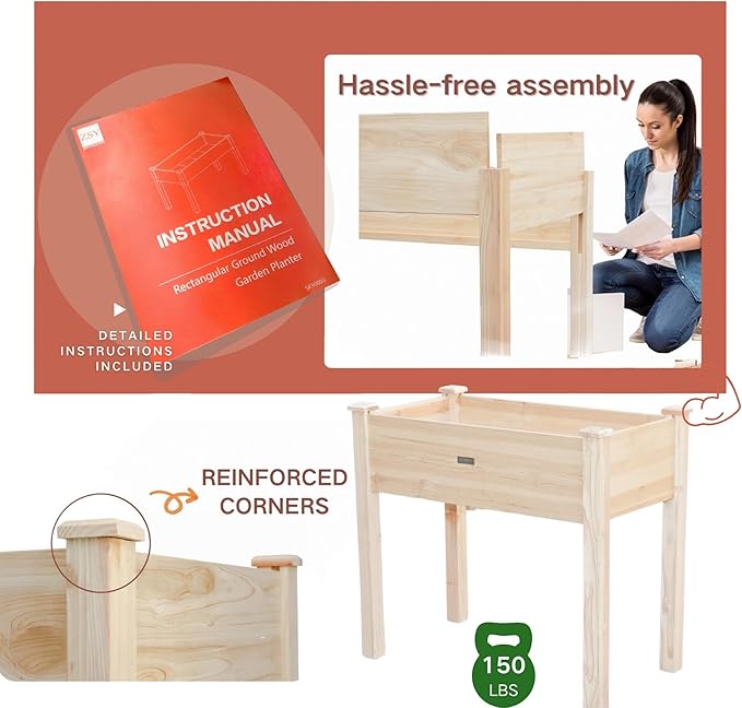 ZSYWODFO 34x18x30in Wooden Raised Garden Bed with Legs,Elevated Reinforced Planter Box with Bed Liner for Backyard/Patio/Gardener,150lb Capacity - Natural