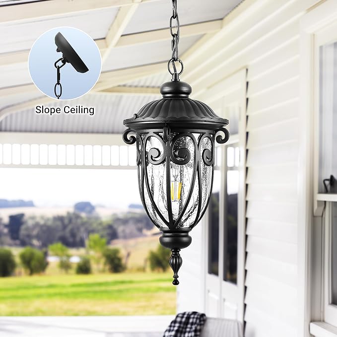 VIANIS Black Dusk to Dawn Outdoor Hanging Lights, Vintage Outdoor Pendant Light with Seed Glass, Waterproof, Anti-Rust Adjustable Length Chandelier, Hanging Ceiling Light for Porch, Garden, Yard
