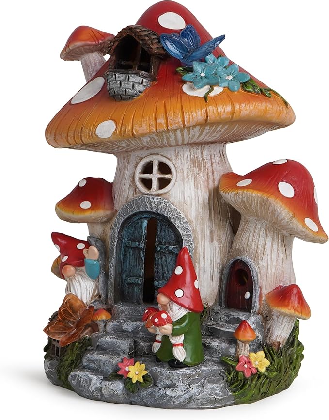 basen Solar Mushroom House Garden Statue Outdoor Decor, Resin Fairy Gnome House with LED Light, Solar Powered Whimsical Yard Art for Lawn Patio Porch Pathway, Weather Resistant