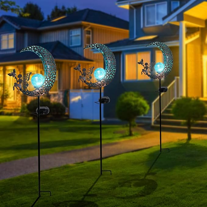 Bshine Moon Solar Light Outdoor Garden Decoration, Moon Fairy Garden Statue Decor,Metal Waterproof Light Stake for Patio, Path, Yard and Lawn Ornament, Housewarming Gift for Mom,Blue