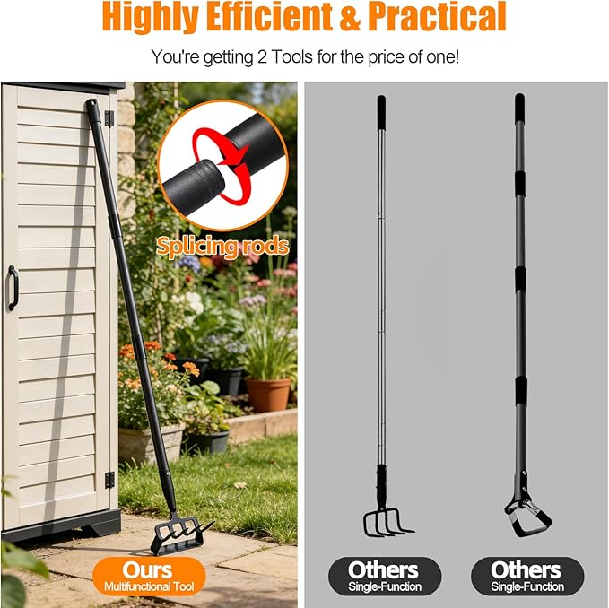 Garden Hoe, 72 Inch Soil Tiller Cultivator Stirrup Hoe, Heavy Duty 2-in-1 Garden Tool with Adjustable Long Handle, Action Scuffle Loop Hoe with Rake for Flower Beds, Garden Loosening Weeding Digging