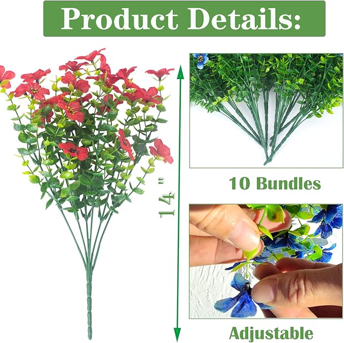 10 Bundles Artificial Flowers Outdoor UV Resistant Fake Flowers No Fade Faux Plants Garden Porch Window Box Decorating (Red)