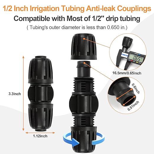 Copadri 1/2 Inch Drip Irrigation Coupling Fittings, 12 Pieces Barbed Locked Coupler Connectors for 1/2 Inch Irrigation Tubing (1/2" ID x 0.640" OD) Anti-leak Straight Coupling for Garden Drip Systems