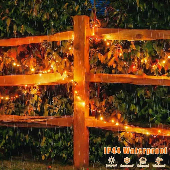 QITONG 4 Pack Solar Fairy Lights, Each 33ft 100 LED Orange Christmas String Light Outdoor Waterproof, 8 Modes Silver Wire Twinkle Mini Lights