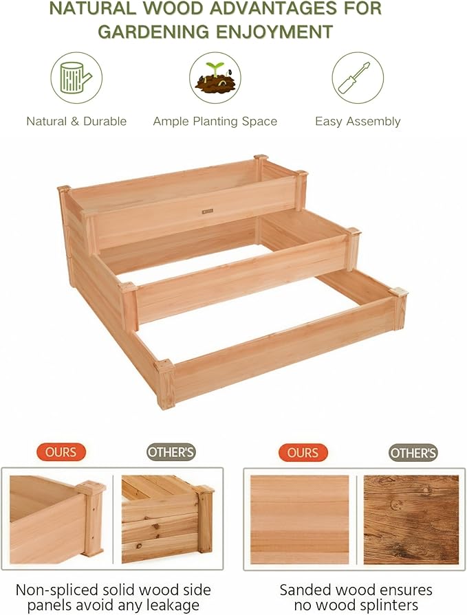 ZSYWODFO 3-Tier Raised Garden Bed with Fabric Liner, Wood Elevated Planter Box with Dovetail Joint Design, 3 Dividable Bed Kit for Vegetables/Herbs/Flowers, Outdoor Gardening for Patio, Lawn, Balcony