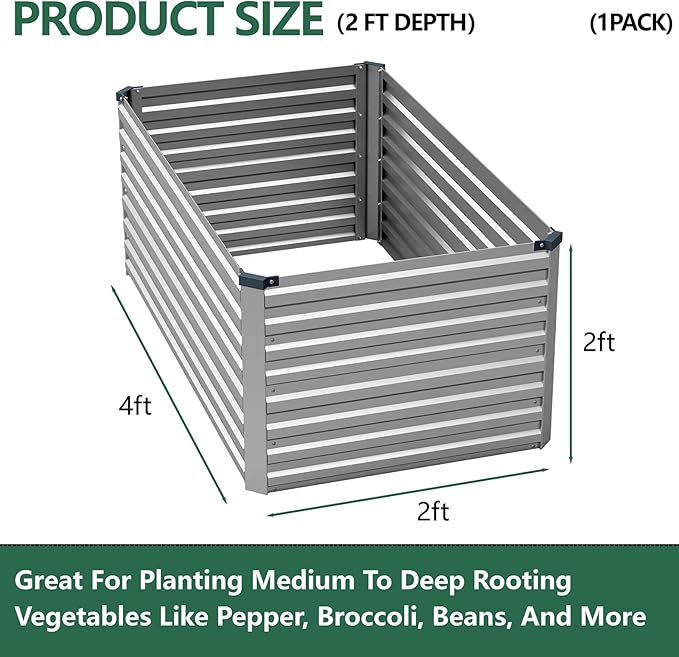Vengarus 4x2x2FT Galvanized Raised Garden Bed Kit, Outdoor Metal Planter Box for Vegetables, Fruits,Herbs, and Succulents -120 Gallon Capacity,Silver