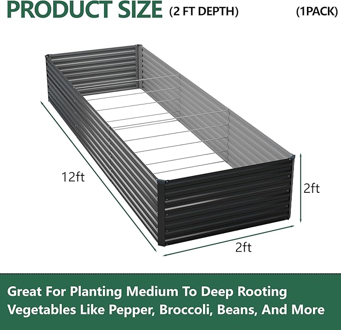 Vengarus 12x2x2FT Galvanized Raised Garden Bed Kit, Large Rectangle Elevated Planter for Vegetables, Flowers, Herbs and Succulents - 359 Gallon Capacity,Black