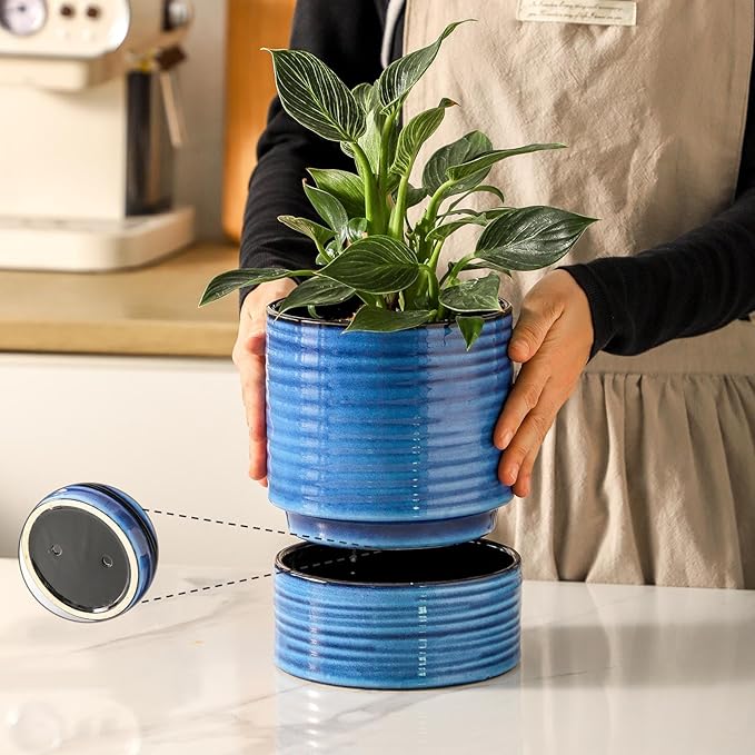HASENSE Plant Pot, 6 Inch Ceramic Plant Pot with Drainage System and Matching Saucer, Ideal for Indoor Herb Gardens and Office Spaces,Modern Blue Home Office Decorative Gifts