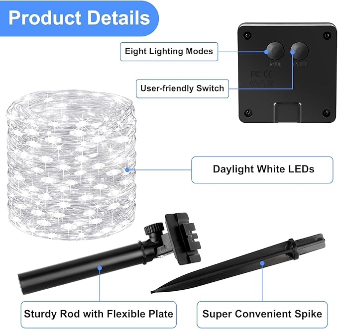 Brightever Solar Powered String Lights Outdoor Waterproof, 4-Pack Total 160FT 400 LED Solar Twinkle Lights with 8 Lighting Modes, Solar Fairy Lights for Fence, Balcony (Daylight White)