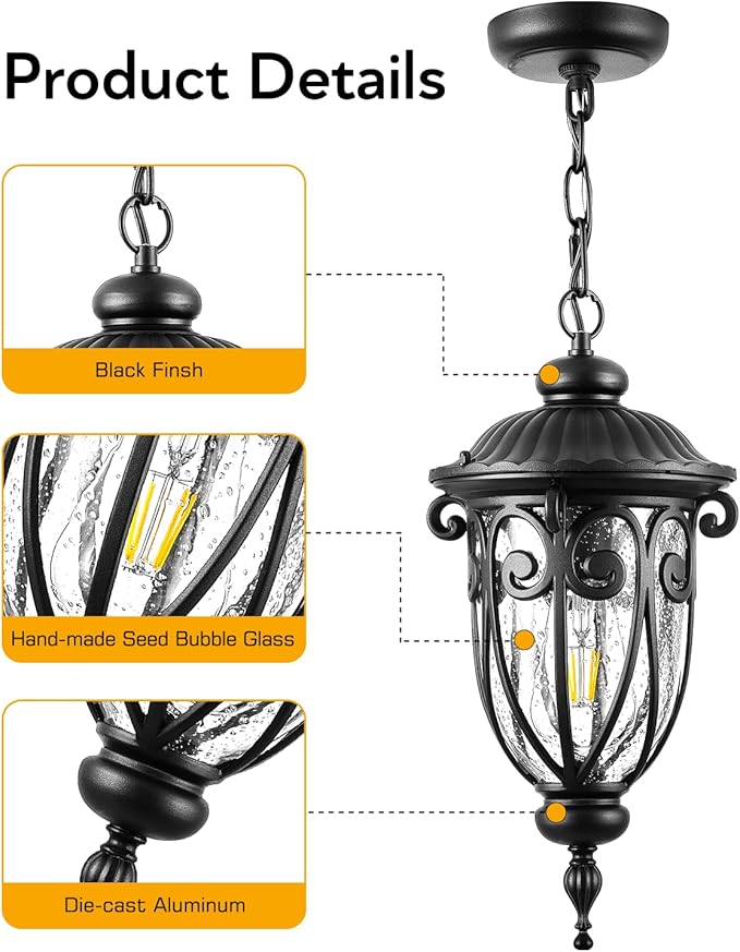 VIANIS Black Outdoor Pendant Light Lantern, Modern Chandelier, Handcrafted Hanging Lights with Seed Glass, Outdoor Ceiling Lights for Porch, House, Doorway, Garden, Entryway