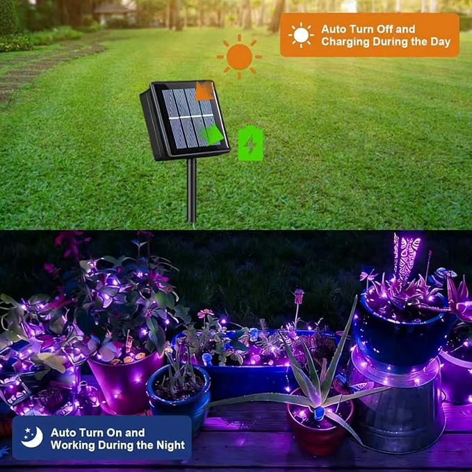 QITONG 4 Pack Solar Fairy Lights, Each 33ft 100 LED Purple Christmas String Light Outdoor Waterproof, 8 Modes Silver Wire Twinkle Mini Lights