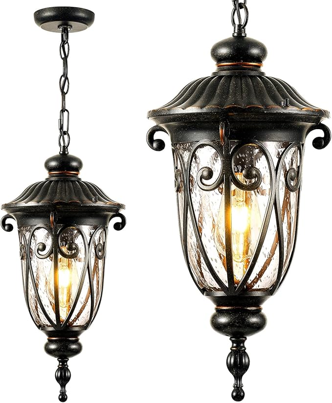 VIANIS Large Outdoor Pendant Light, Vintage Outdoor Chandelier, Farmhouse Waterproof Hanging Lights with Seed Glass, Ceiling Lights for Porch, House, Garden, Doorway, Anti-Rust