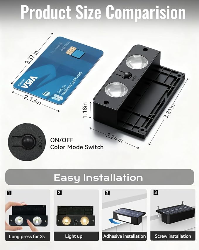 Solar Fence Lights with Remote 12 Pack, 9 Fixed Colors 12 Modes, Fence Lights Solar Powered Outdoor Waterproof, Warm/Cool White, RGB LED Deck Lights for Step/Yard/Railing/Balcony/Patio/Stairs/Outside