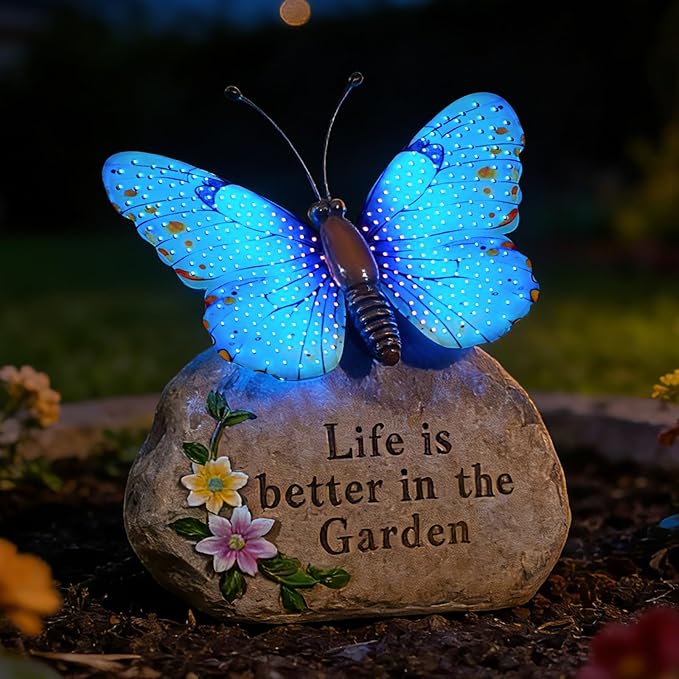 Solar LED Butterfly Garden Statue with Sparkling Light-Up Wings - Outdoor Yard Patio Decor Figurine, for Women Mom Grandma (Blue)