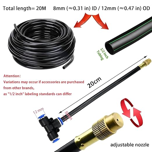 Automatic Greenhouse Drip Irrigation Kit with 20 Brass 360° Adjustable Nozzles 65FT 1/2" Tubing & Misting System for Outdoor Plants, Hydroponics,Raised Beds & Flower Gardens-Easy Setup & Water Saving