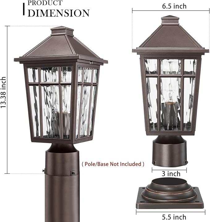 Darkaway Outdoor Post Lights Lamp Post Light Fixture, Waterproof Aluminum Housing with Water Ripple Glass, Fence Post Deck Lighting for Garden Patio Pathway