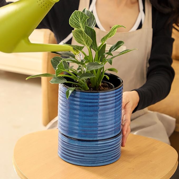 HASENSE Plant Pot, 6 Inch Ceramic Plant Pot with Drainage System and Matching Saucer, Ideal for Indoor Herb Gardens and Office Spaces,Modern Blue Home Office Decorative Gifts