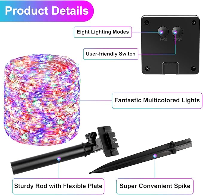 Brightever Solar String Lights, 2-Pack Total 80FT 200LED Solar Fairy Lights with 8 Lighting Modes, Solar Lights Outdoor Waterproof for Patio Christmas Wedding Party Tree Yard Decoration (Multicolor)