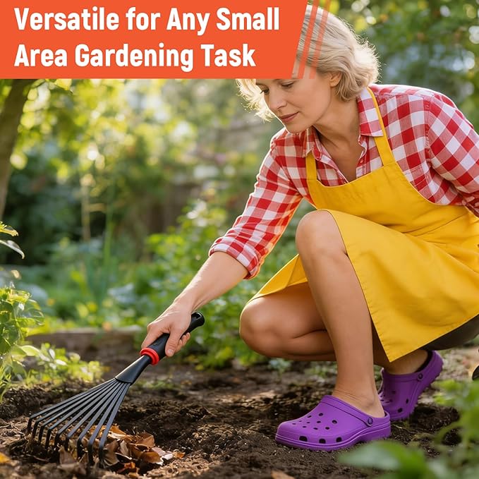 Small Hand Rake, Stainless Head and Tines, Gardening Hand Tool with Ergonomic Handle and Hanging Hole for Storage for Maintaining Raised Garden Beds