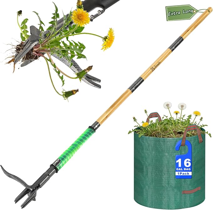 Weed Puller Tool, Heavy Duty Gardening Hand Tools with 4-Claw Steel Head & Dual-Eject Mechanism, 57.5" Bamboo Long Handle Stand Up Weeding Tool for Lawn Yard, Includes 16 Gallon Leaf Bag