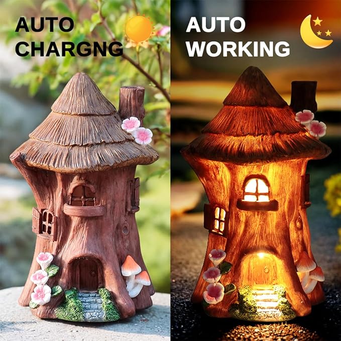 Solar Light Fairy Tree House - Fun Natural Figurine Sculpture with Solar LED Lights for Indoor Outdoor Art Decorations, Patio Yard Lawn Ornaments Gift