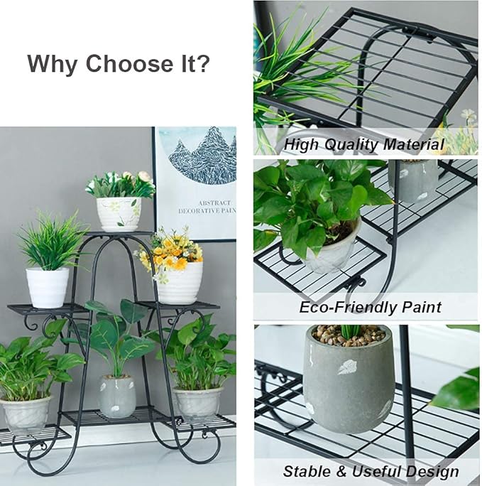 CarolynDesign 6 Tier Plant Stands for Indoors and Outdoors, Flower Pot Holder Shelf for Multi Plants, Black Metal Plant Stand for Patio