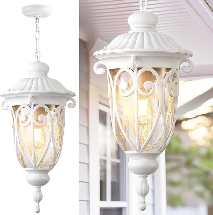 VIANIS Extra Large Outdoor Pendant Lights, 21.3 in White Modern Chain-Adjustable Ceiling Light, Waterproof Outdoor Chandelier with Seed Glass, Outside Pendant Light for Porch, Doorway, Entryway