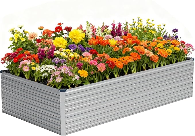 Vengarus 8x4x2FT Galvanized Raised Garden Bed Kit, Large Rectangle Elevated Planter for Vegetables, Flowers, Herbs and Succulents - 479 Gallon Capacity,Silver