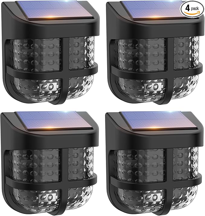 Energetic Solar Powered Garden Lights with Dusk to Dawn Sensors, Magnetic Solar Lights Outdoor, Waterproof, 3000K Warm White, LED Fence Lighting for Planter Raised Beds, FCC, Black, 4 Pack