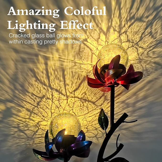VCUTEKA Solar Garden Flowers with LED Light Crackle Glass Globe Solar Lights Outdoor Metal Stake Wind Spinner for Garden Decoration, Patio Decor, Yard Decor and Gift for Mother