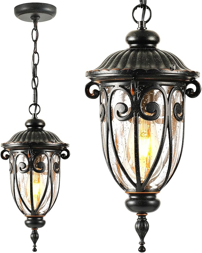 VIANIS Outdoor Pendant Light Lantern, Farmhouse Outdoor Chandelier, Vintage Outdoor Hanging Lights with Seed Glass, Brown Ceiling Lights for Porch, Porch Lights Ceiling for House