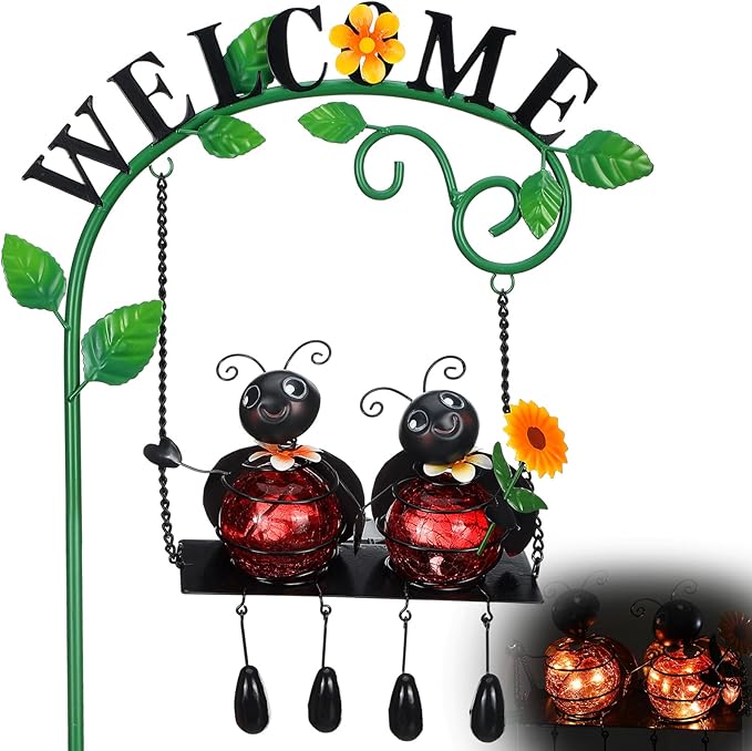 Ladybug Swing Solar Light Metal Christmas Ladybug Hanging Animal Garden Decorative Gift with Welcome Sign Waterproof Solar Outdoor Lights for Patio Balcony Pathway Lawn Yard Gifts
