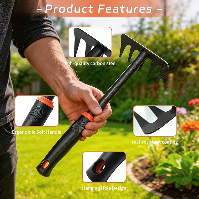 Mini Garden Rake, Garden Tool Hand Tiller Grass Rake for Flower Beds, Patio, Garden Loosening Soil Weeding Digging