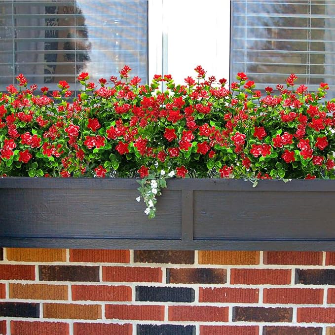 10 Bundles Artificial Fake Flowers, Faux Outdoor Plastic Plants UV Resistant Shrubs Outside Indoor Decorations (Red-Eucalyptus)