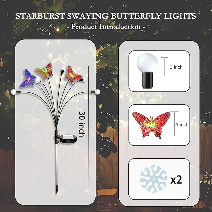 Solar Firefly Colorful Butterfly Garden Lights 2Pack Outdoor Waterproof for Pathway Landscape Camping Patio Lawn Decorations Multicolor