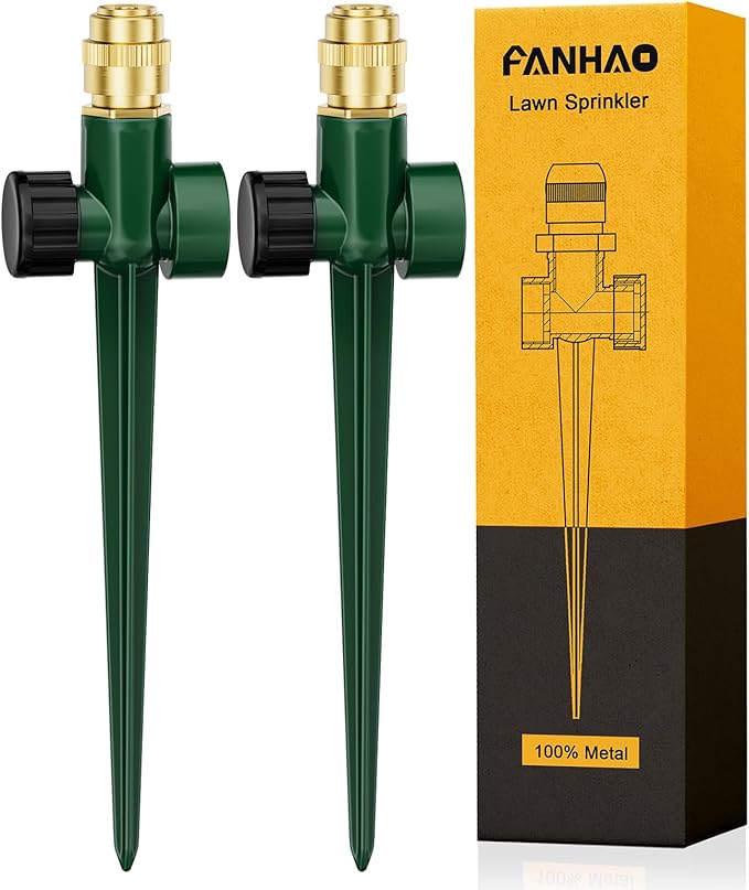 FANHAO 2 Pack Metal Lawn Sprinkler for Yard, Automatic Garden Water Sprinkler on Spike Base, Adjustable Irrigation System 360 Degree Large Area Coverage for Lawn Grass Patio Garden Irrigation