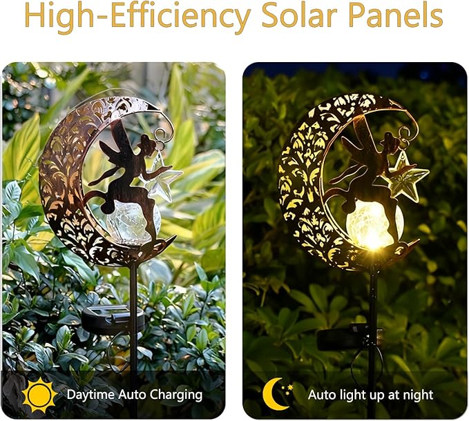 Solar Lights Garden Decorations Outdoor-Moon Fairy Lights with Crackle Glass Globe, Lawn Decorative Lights Waterproof Warm White LED, Decoration for Pathway Lawn Patio Courtyard Backyard(Moon Fairy)