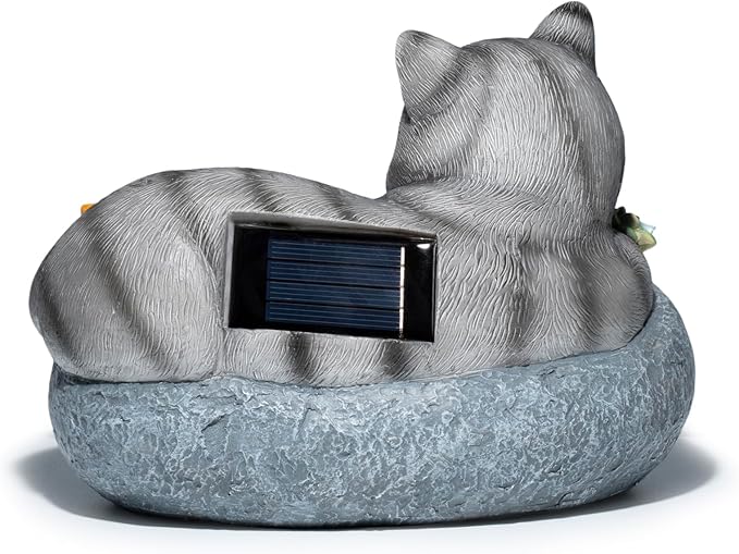 basen Solar Sleeping Cat Outdoor Garden Decor, Resin Cat Figurine with Colorful Succulent Flowers, Solar Powered LED Light, Waterproof Yard Lawn Patio Ornament, Cute Animal Gift for Home Garden