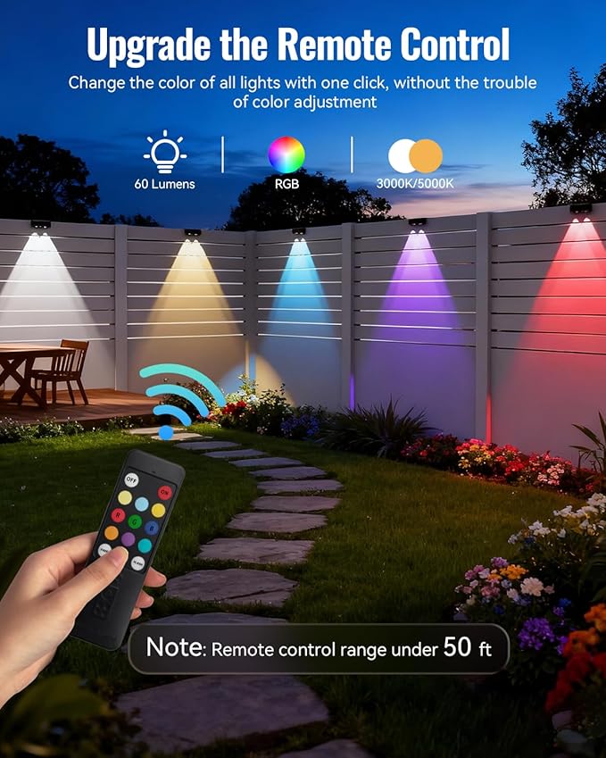 Solar Fence Lights with Remote 12 Pack, 9 Fixed Colors 12 Modes, Fence Lights Solar Powered Outdoor Waterproof, Warm/Cool White, RGB LED Deck Lights for Step/Yard/Railing/Balcony/Patio/Stairs/Outside