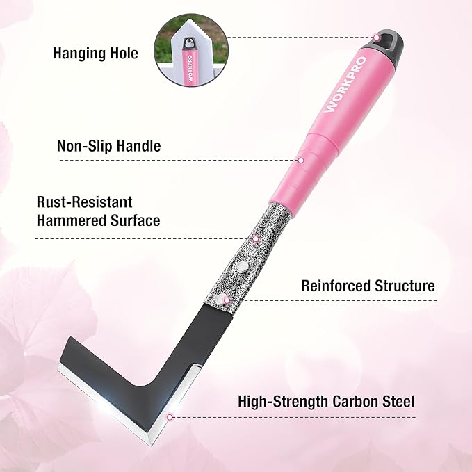 WORKPRO 6-Piece Pink Garden Tool Set, Heavy Duty Gardening Hand Tools with Soft Rubber Handle, Including Trowel, Rakes, 2-in-1 Hoe and Crack Weeder, Ideal Gardening Gifts for Men and Women